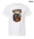 A white short-sleeve crewneck t-shirt featuring a colorful graphic print on the front with the text 'MUSIC IS MY THERAPY' above an illustration of guitars, drums, and a bass, shown on a plain white background with 'White' text in the top right corner.