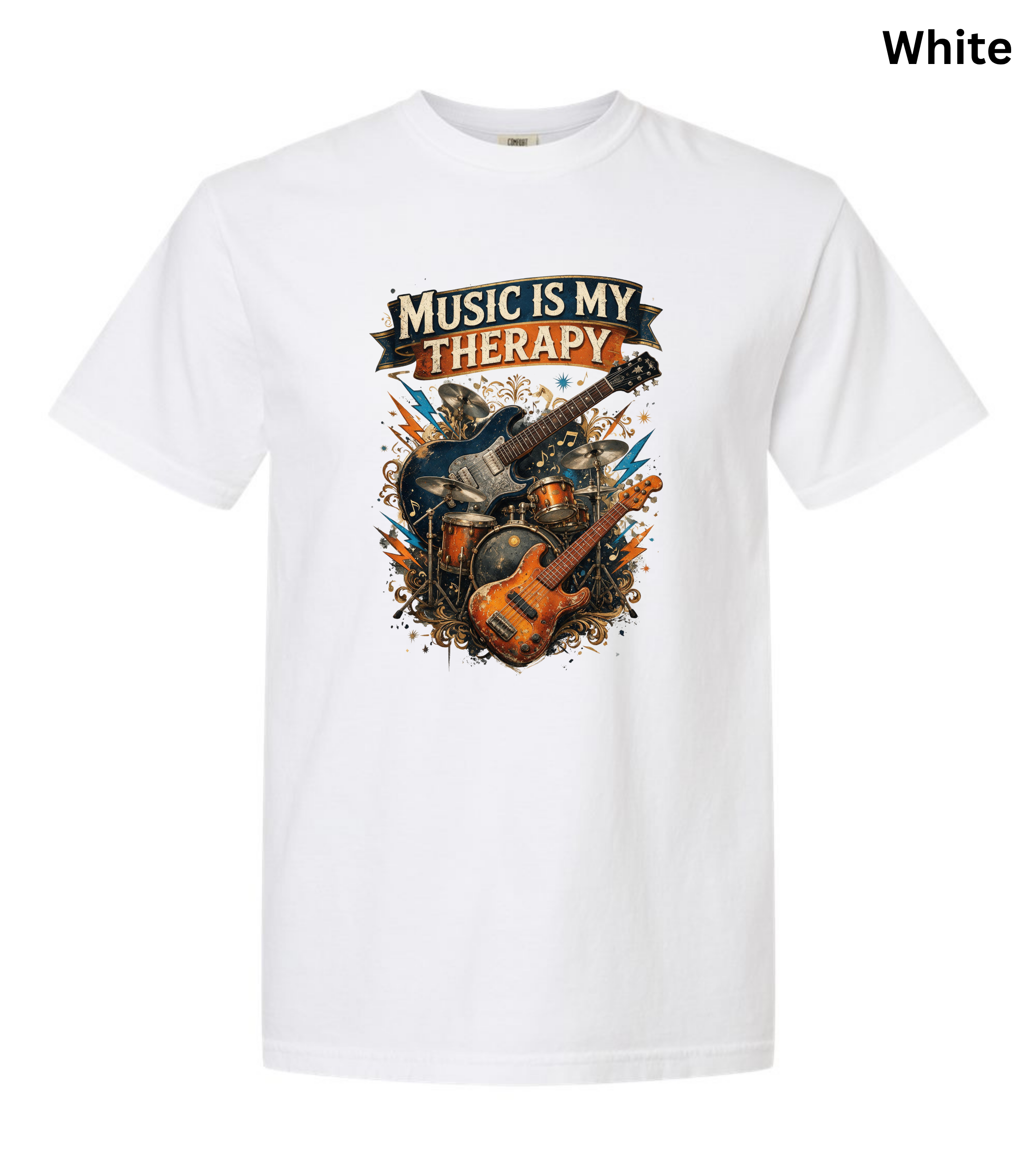 A white short-sleeve crewneck t-shirt featuring a colorful graphic print on the front with the text 'MUSIC IS MY THERAPY' above an illustration of guitars, drums, and a bass, shown on a plain white background with 'White' text in the top right corner.