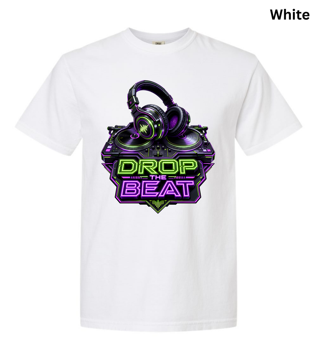 Drop the Beat DJ T-Shirt | Neon DJ Headphones & Turntable Graphic Tee for DJs, EDM & Electronic Music Lovers