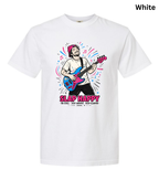 A white short-sleeve crewneck t-shirt featuring a colorful graphic of a man playing a blue and pink electric guitar with the text 'SLAP HAPPY' printed below it. The word 'White' is written in black text in the top right corner.