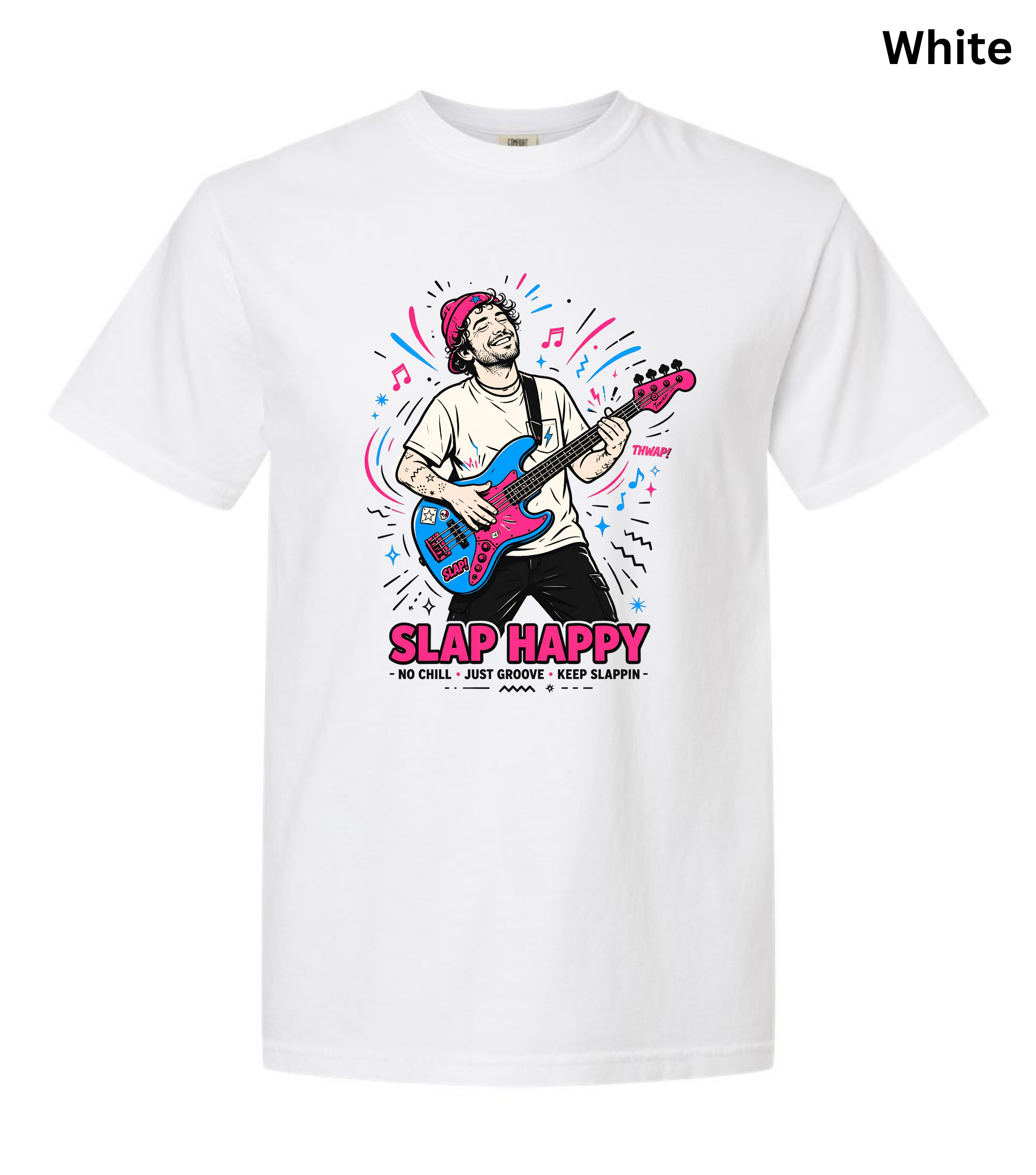 A white short-sleeve crewneck t-shirt featuring a colorful graphic of a man playing a blue and pink electric guitar with the text 'SLAP HAPPY' printed below it. The word 'White' is written in black text in the top right corner.