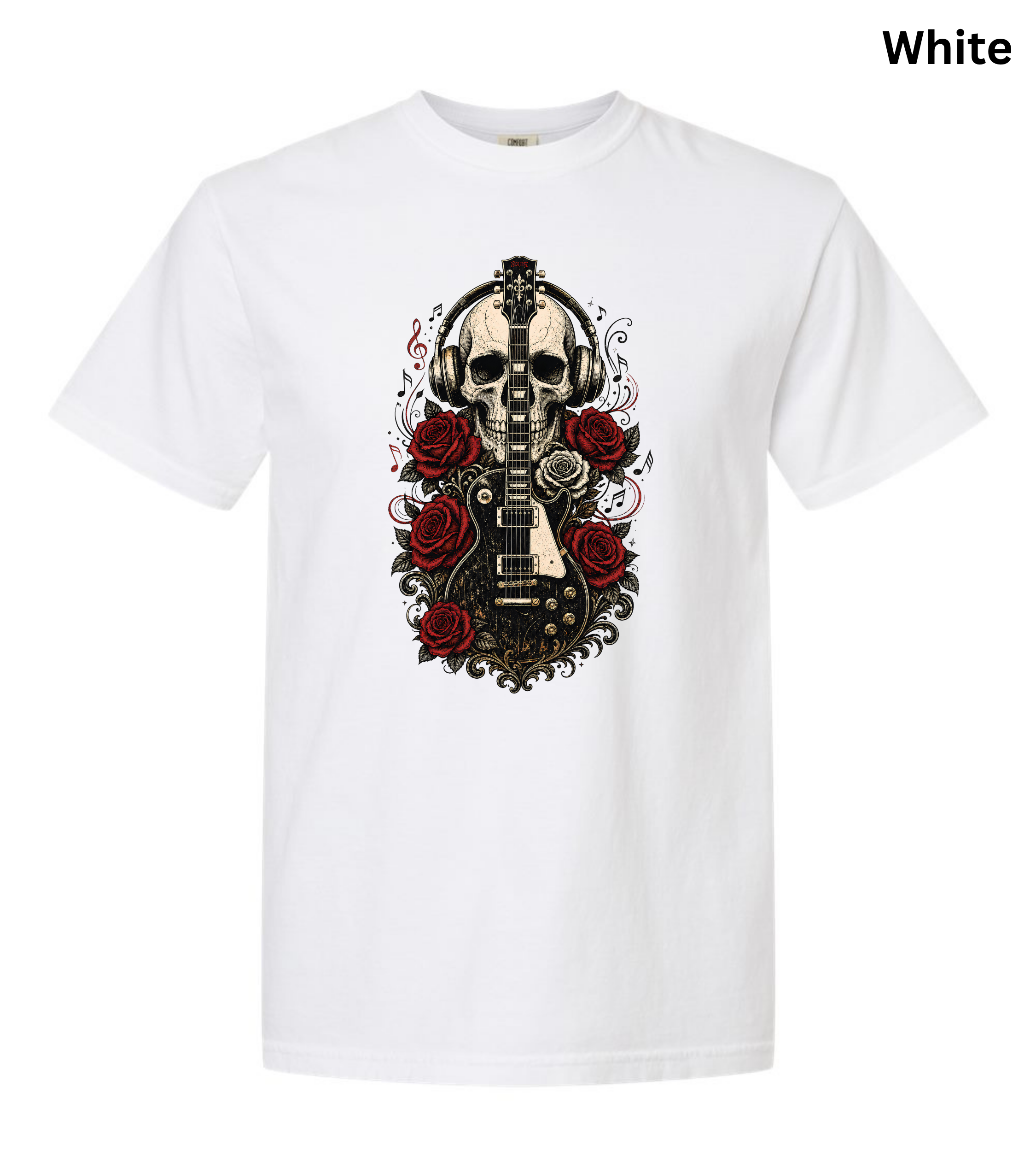 Skull & Roses Electric Guitar T-Shirt - Vintage Rock Headphone Design for Musicians