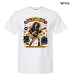 A white short-sleeve crewneck t-shirt featuring a colorful graphic of a rock star playing an electric guitar, surrounded by speakers, vinyl records, and musical notes. The text 'ROCKIN' MOM' is printed above the illustration, and 'BASSING BEHAVIOR IS NOT A GAME' is printed below.