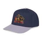 Blue and gray cap with a logo and text on a white background