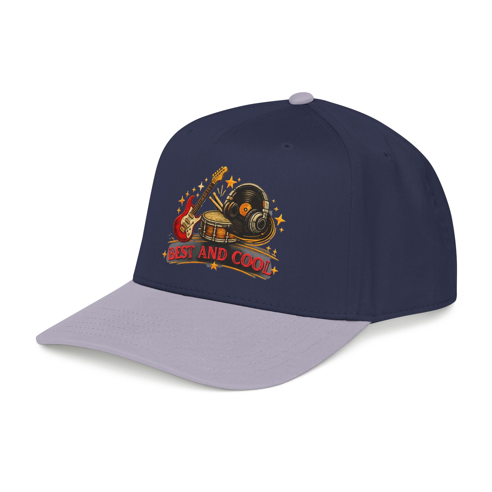 Blue and gray cap with a logo and text on a white background