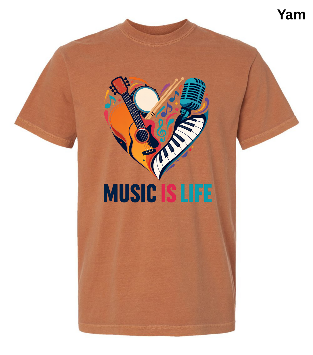 Music Is Life T-Shirt | Colorful Music Lover Graphic Tee with Guitar, Piano & Microphone