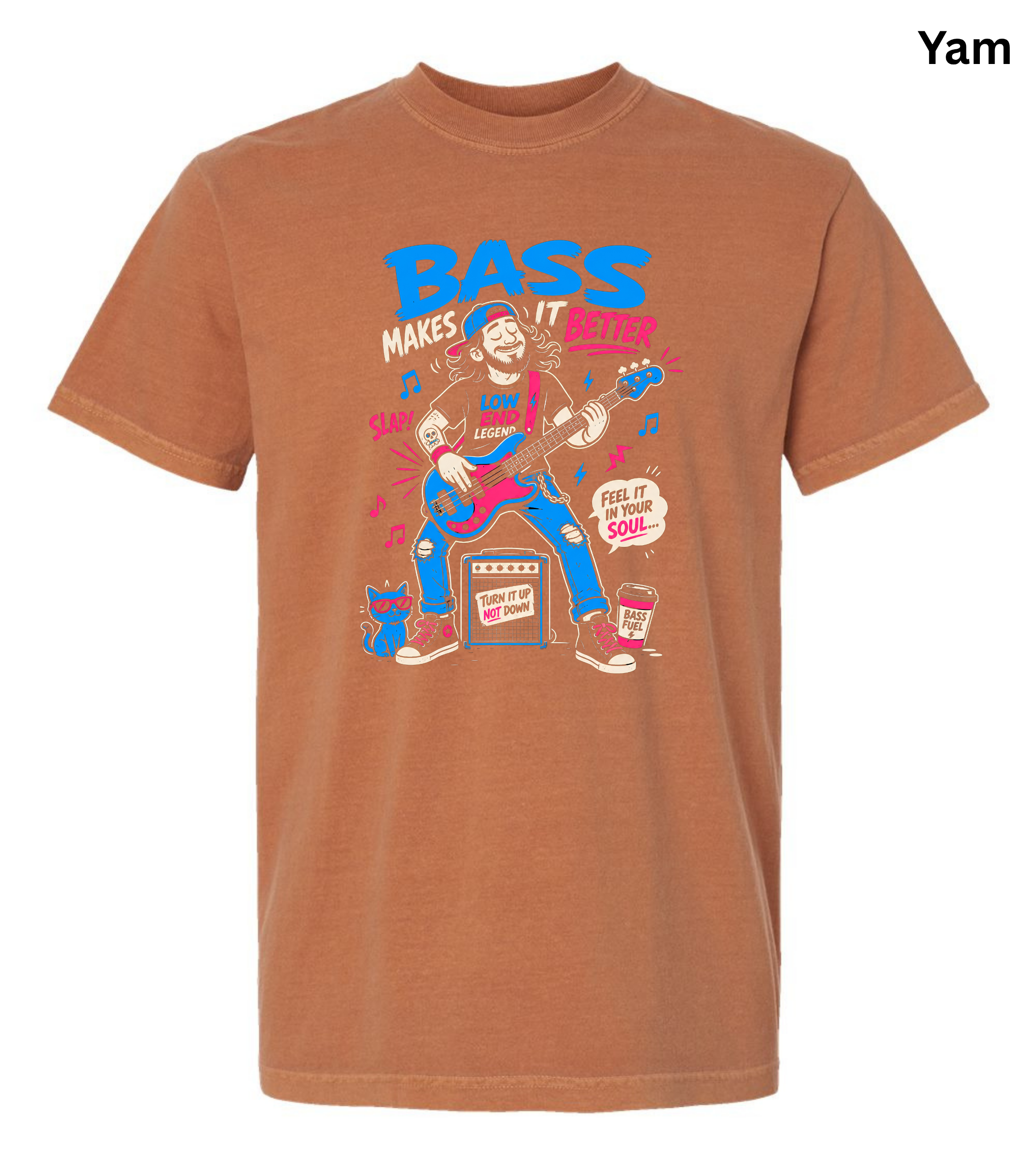 A heathered rust-orange crewneck t-shirt featuring a colorful graphic print of a bass player with the text 'BASS MAKES IT' and 'FEEL IT IN YOUR SOUL'.