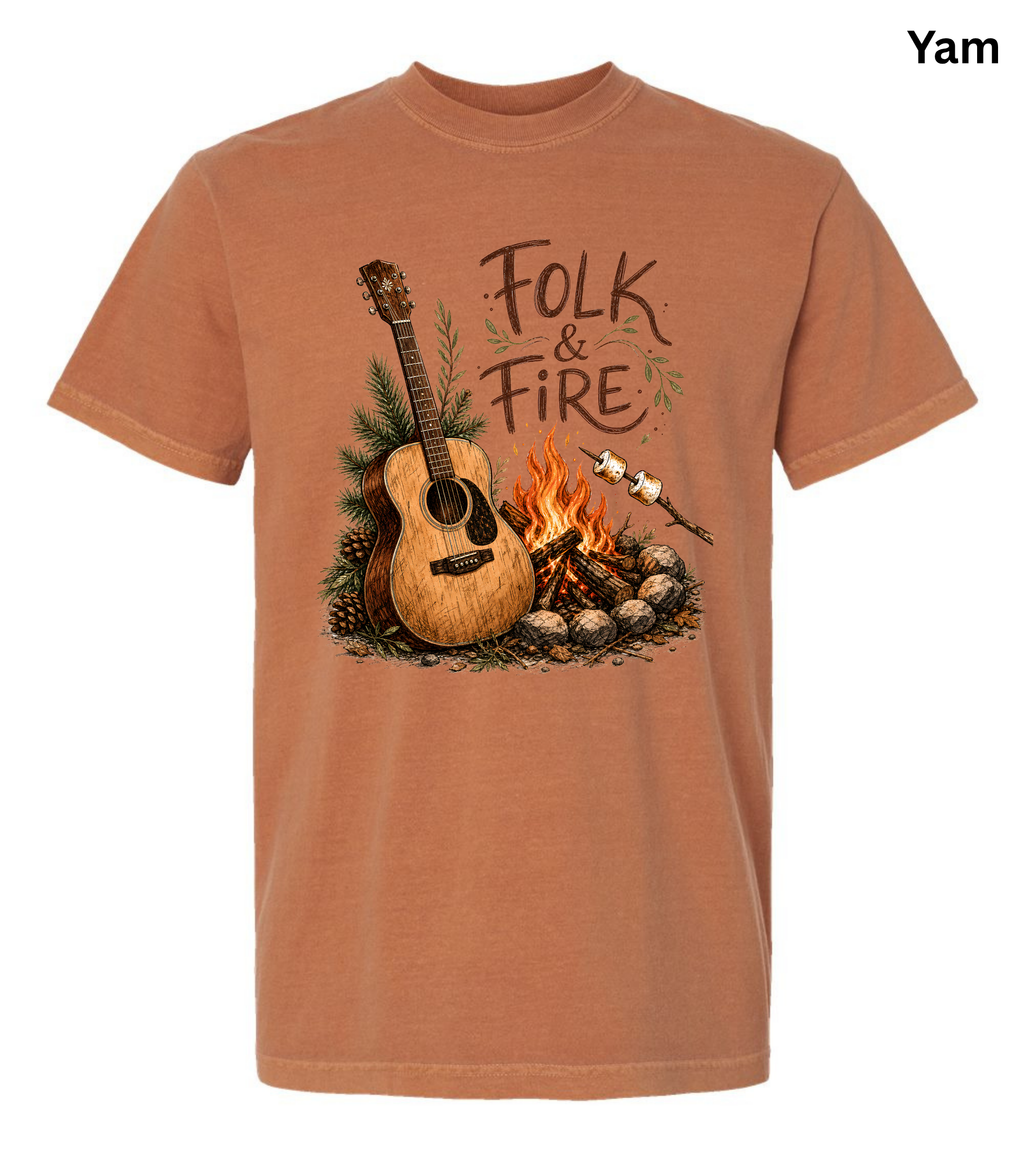 Folk & Fire Guitar T-Shirt | Campfire Acoustic Guitar Graphic Tee for Folk Music Lovers & Campers