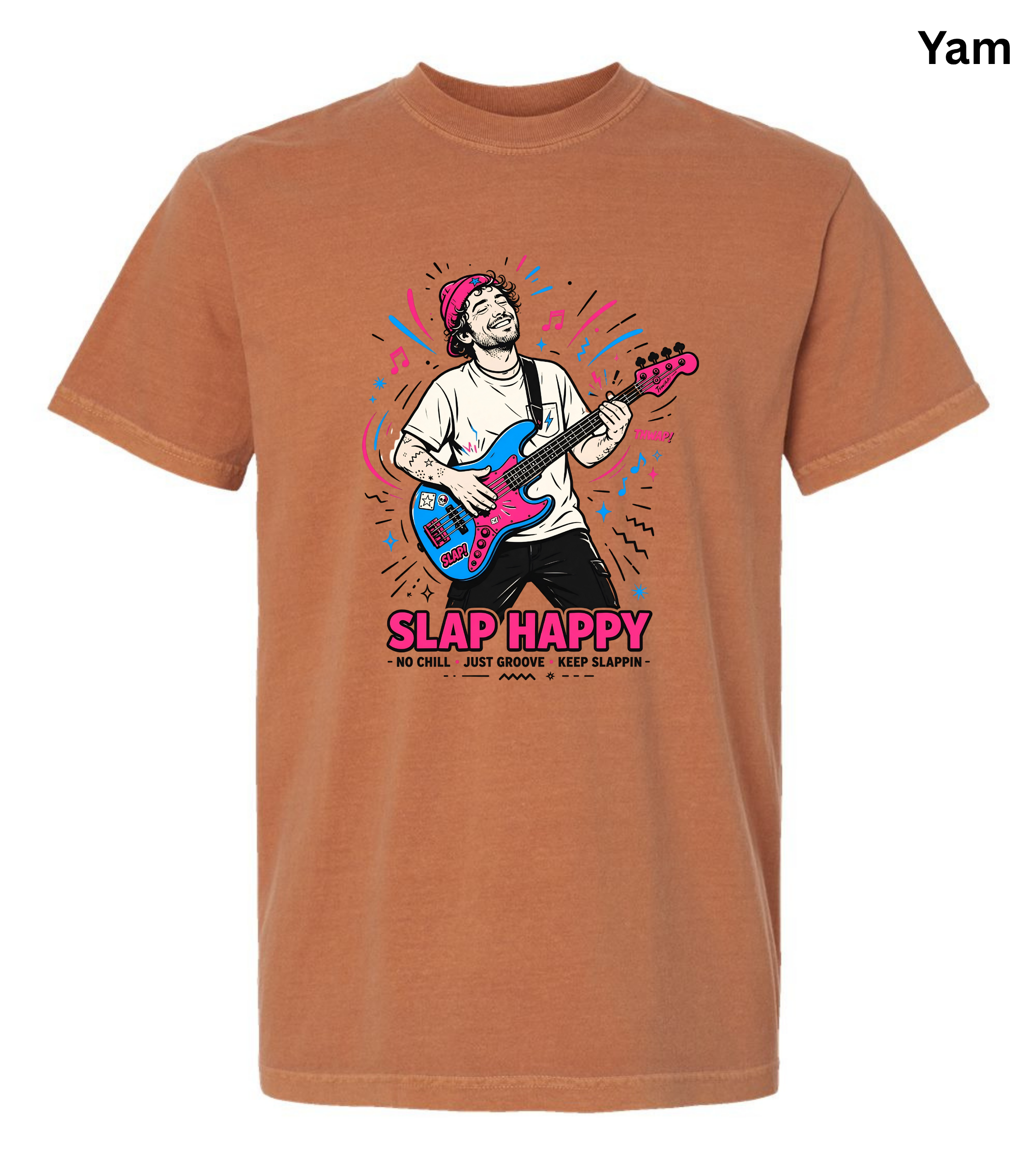 A rust-orange crewneck t-shirt featuring a colorful graphic of a man playing a blue and pink bass guitar with the text 'SLAP HAPPY' underneath, shown on a plain white background.