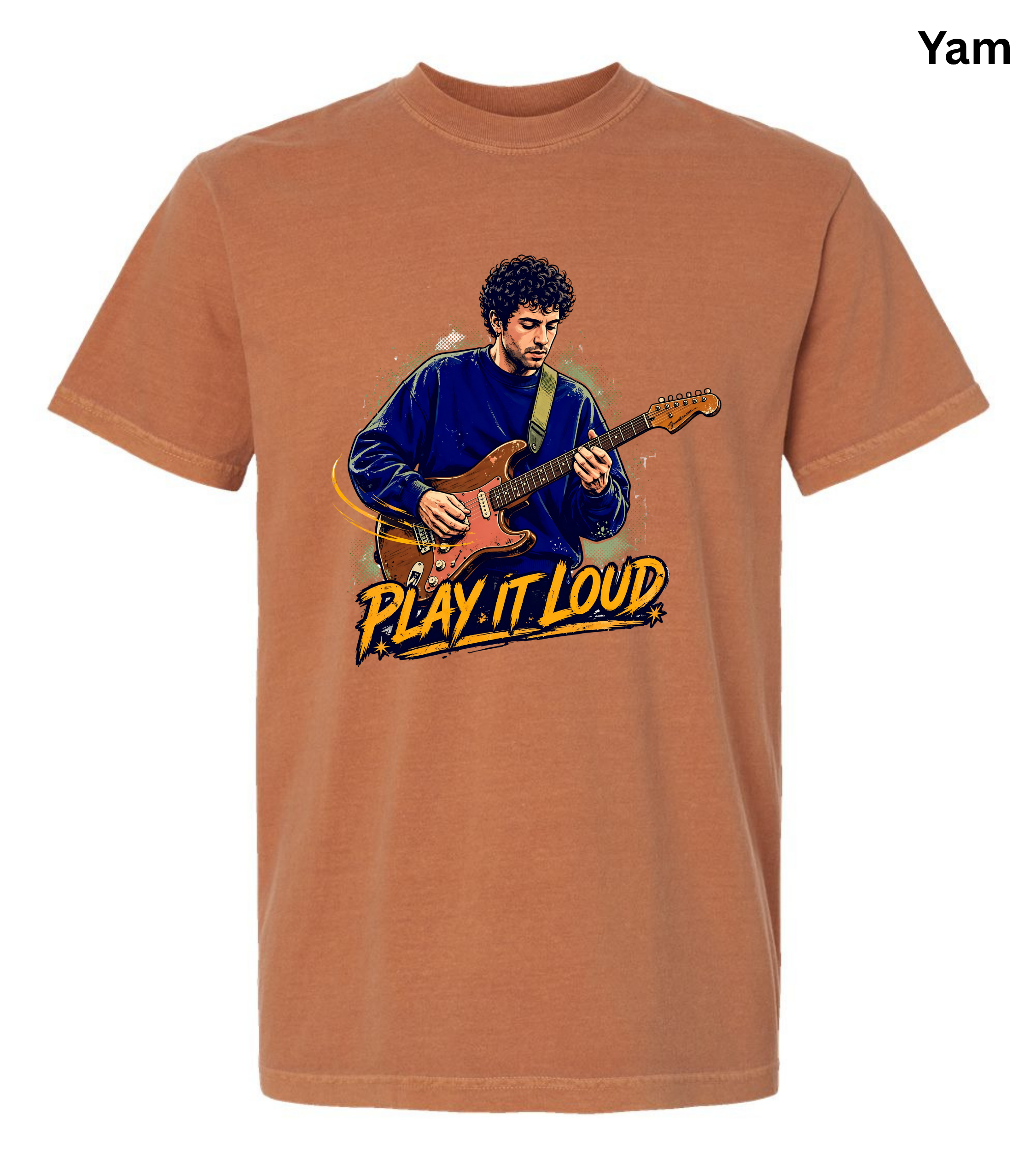 A rust-orange crewneck t-shirt featuring a graphic illustration of a man playing an electric guitar with the text 'PLAY IT LOUD' in yellow and black. The shirt is displayed on a clean white background with a 'Yam' label in the top right corner.