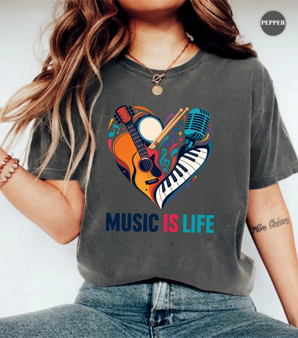 Music Is Life T-Shirt | Colorful Music Lover Graphic Tee with Guitar, Piano & Microphone