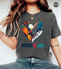 Music Is Life T-Shirt | Colorful Music Lover Graphic Tee with Guitar, Piano & Microphone