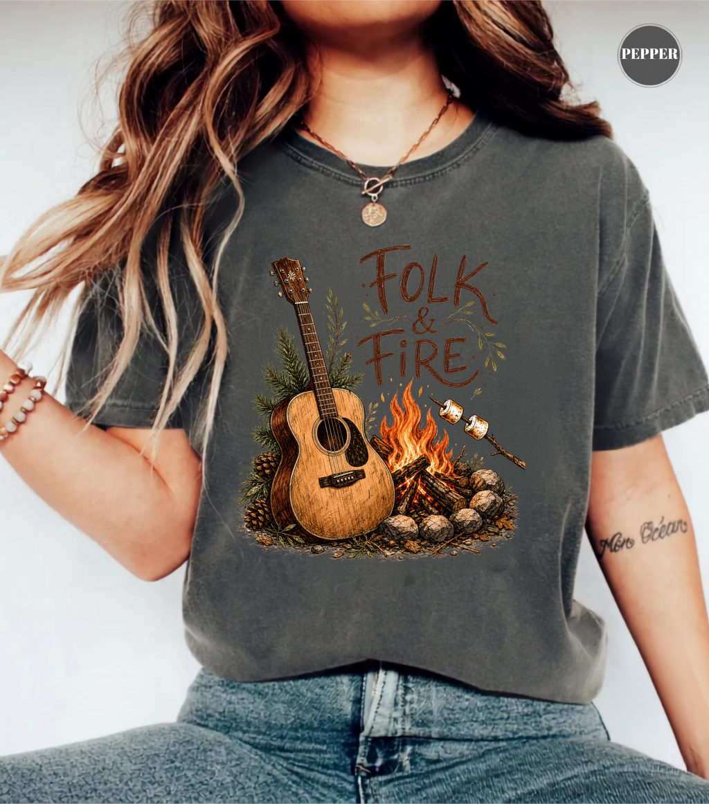 Folk & Fire Guitar T-Shirt | Campfire Acoustic Guitar Graphic Tee for Folk Music Lovers & Campers
