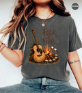 Folk & Fire Guitar T-Shirt | Campfire Acoustic Guitar Graphic Tee for Folk Music Lovers & Campers