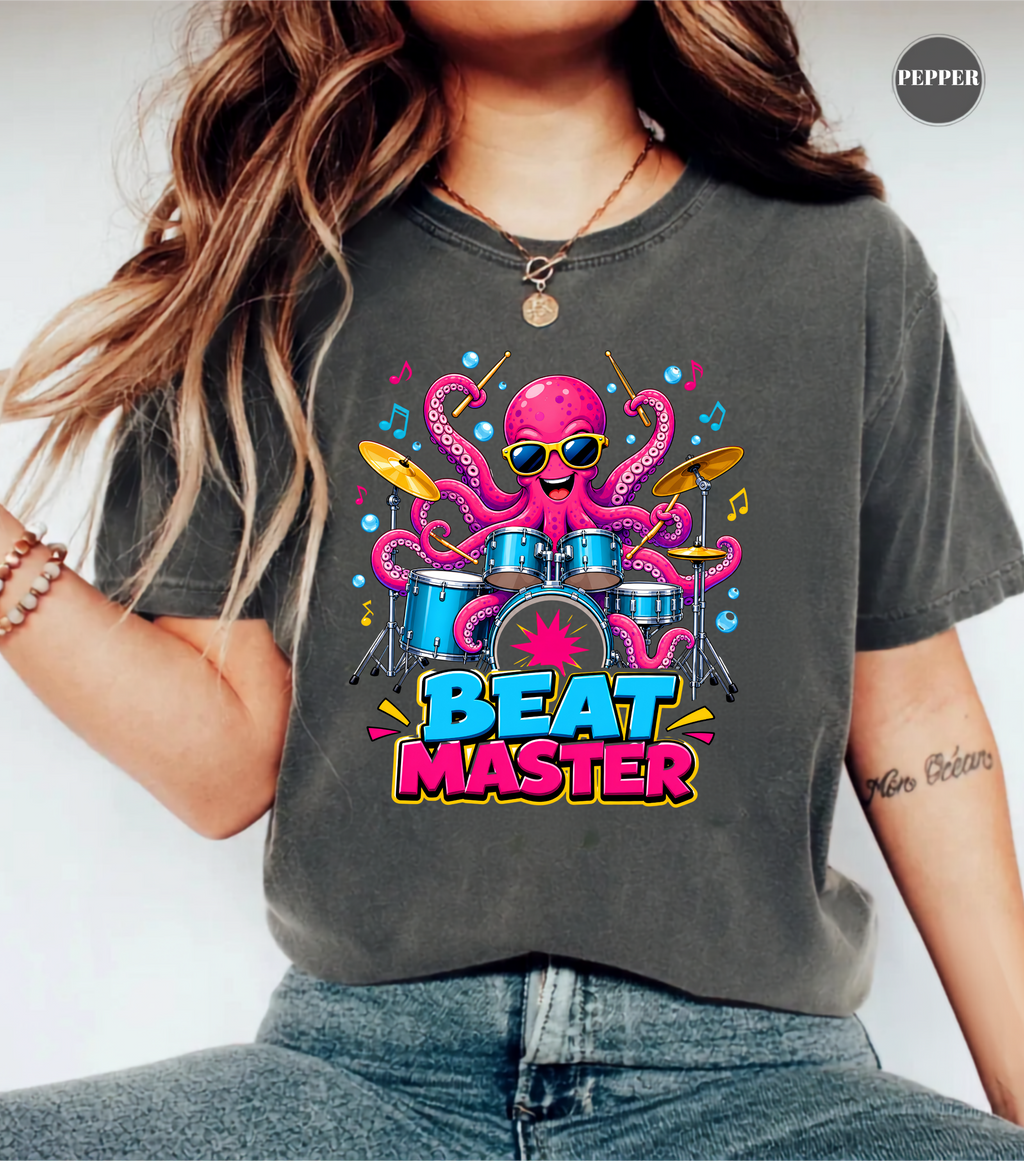 Beat Master Drummer Octopus T-Shirt | Funny Drum Player Tee | Drummer Graphic Shirt | Music Lover Gift | Cute Octopus Drum Set Tee | Unisex Music Apparel