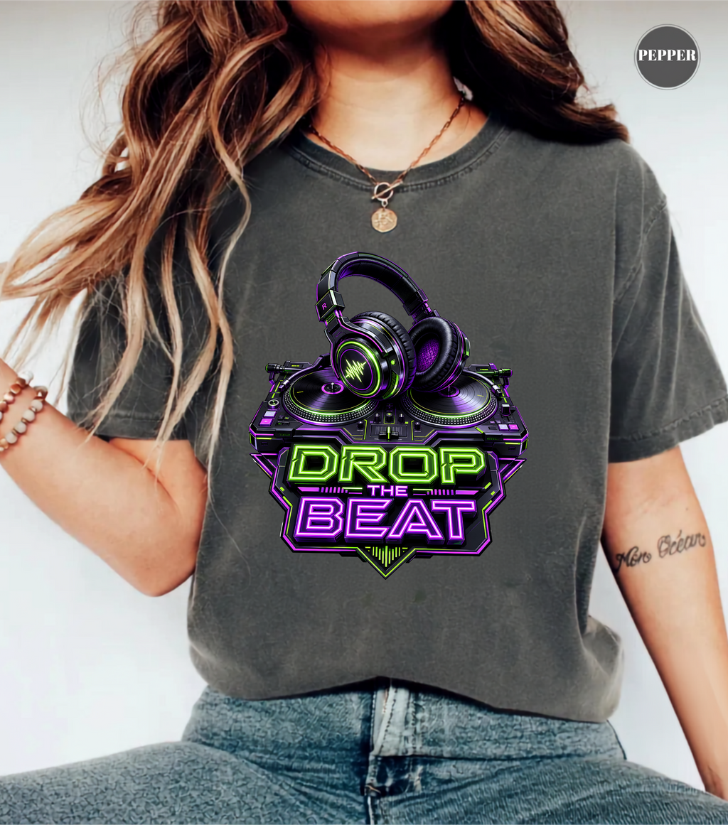 Drop the Beat DJ T-Shirt | Neon DJ Headphones & Turntable Graphic Tee for DJs, EDM & Electronic Music Lovers