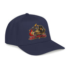 A navy blue baseball cap featuring a colorful graphic on the front with musical instruments, stars, and the text 'BEST AND COOL'.