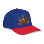 A blue and red baseball cap with a graphic on the front featuring musical instruments and the text 'BEST AND COOL'.