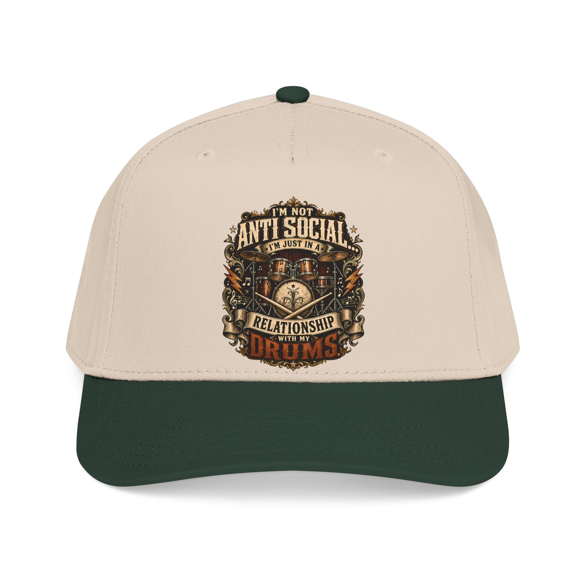 A structured baseball cap with a cream-colored crown and a dark forest green visor, featuring a detailed graphic on the front that reads 'I'M NOT ANTI SOCIAL I'M JUST DRY' in a vintage ornate font.