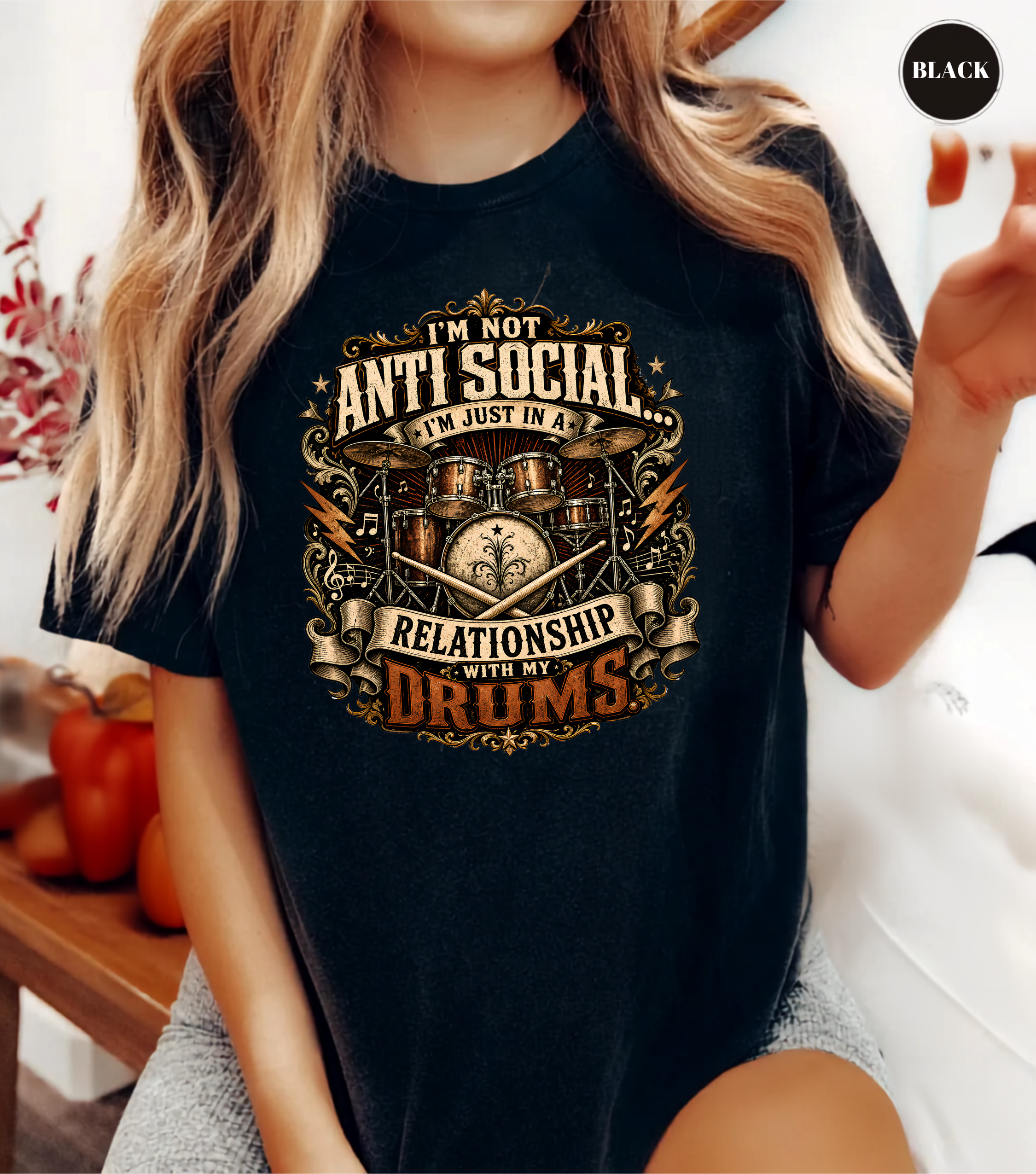 I'm Not Anti Social I'm Just in a Relationship With My Drums T-Shirt | Funny Drummer Shirt | Vintage Drum Set Tee | Drummer Gift | Musician Apparel