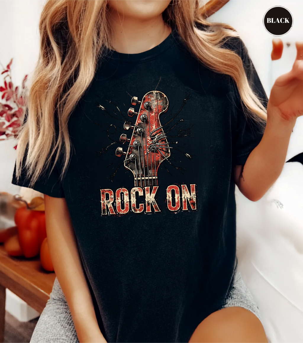 Rock On Guitar T-Shirt | Vintage Rock Music Tee | Guitar Player Shirt | Music Lover Graphic Tee | Rock Band Shirt | Musician Gift for Men & Women