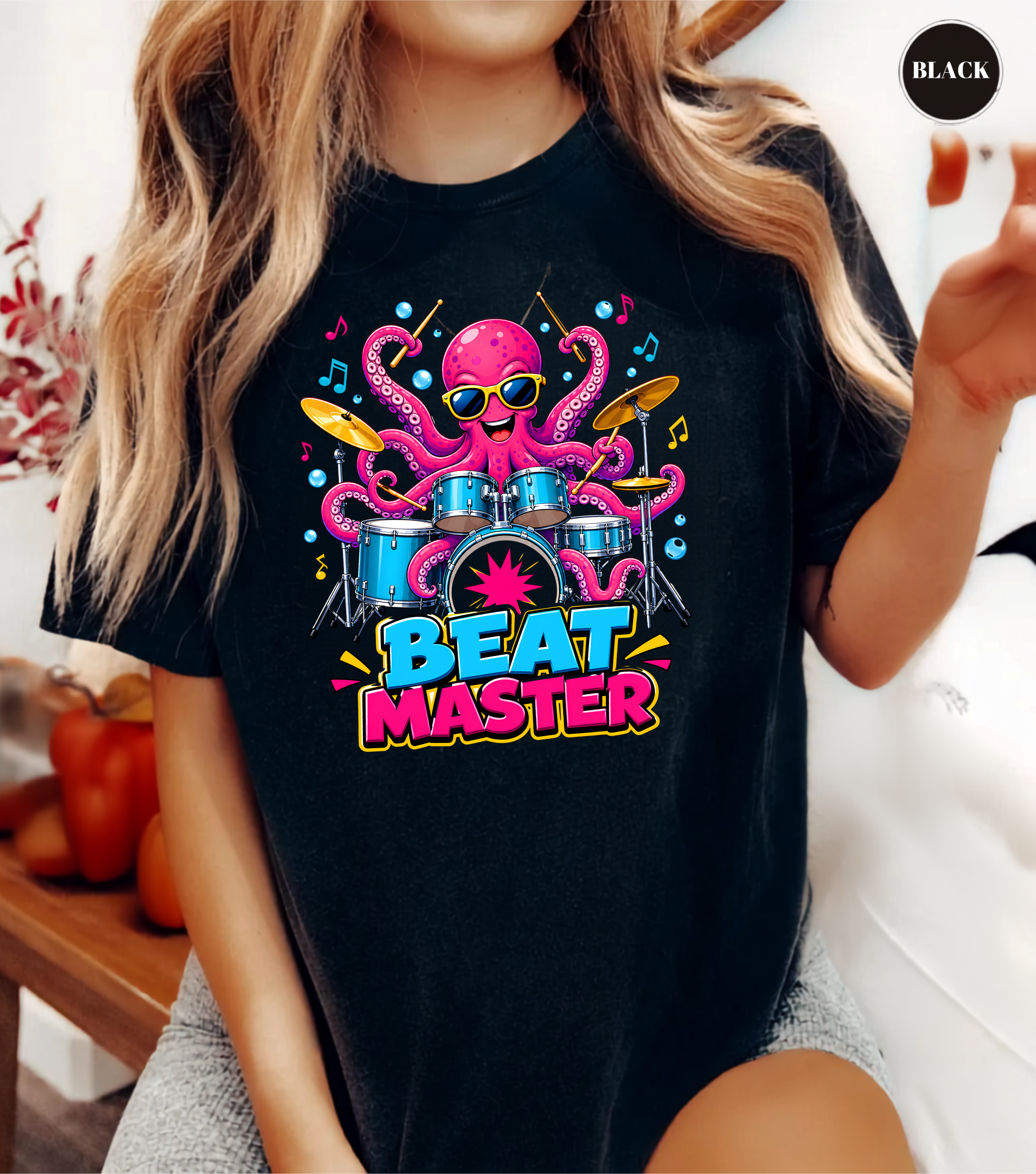 Beat Master Drummer Octopus T-Shirt | Funny Drum Player Tee | Drummer Graphic Shirt | Music Lover Gift | Cute Octopus Drum Set Tee | Unisex Music Apparel