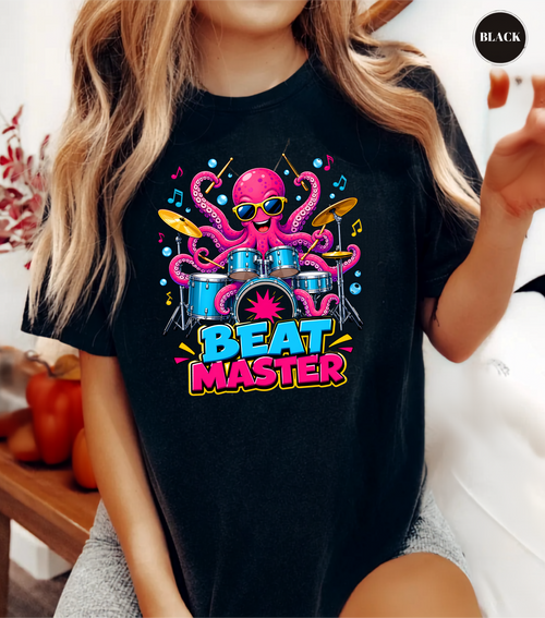 Beat Master Drummer Octopus T-Shirt | Funny Drum Player Tee | Drummer Graphic Shirt | Music Lover Gift | Cute Octopus Drum Set Tee | Unisex Music Apparel