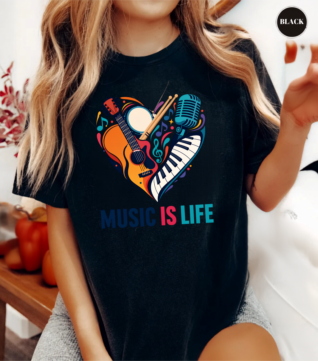 Music Is Life T-Shirt | Colorful Music Lover Graphic Tee with Guitar, Piano & Microphone