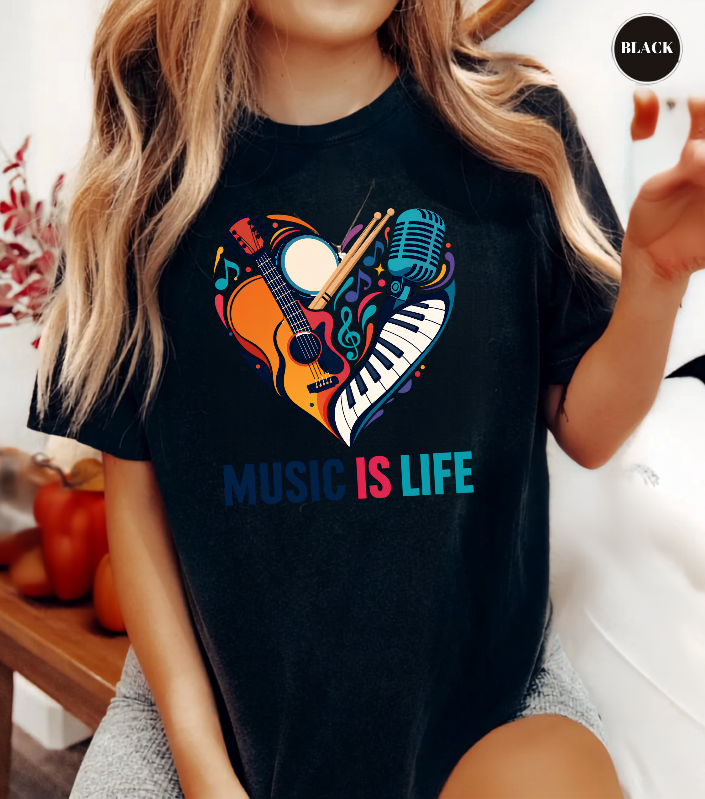 Music Is Life T-Shirt | Colorful Music Lover Graphic Tee with Guitar, Piano & Microphone