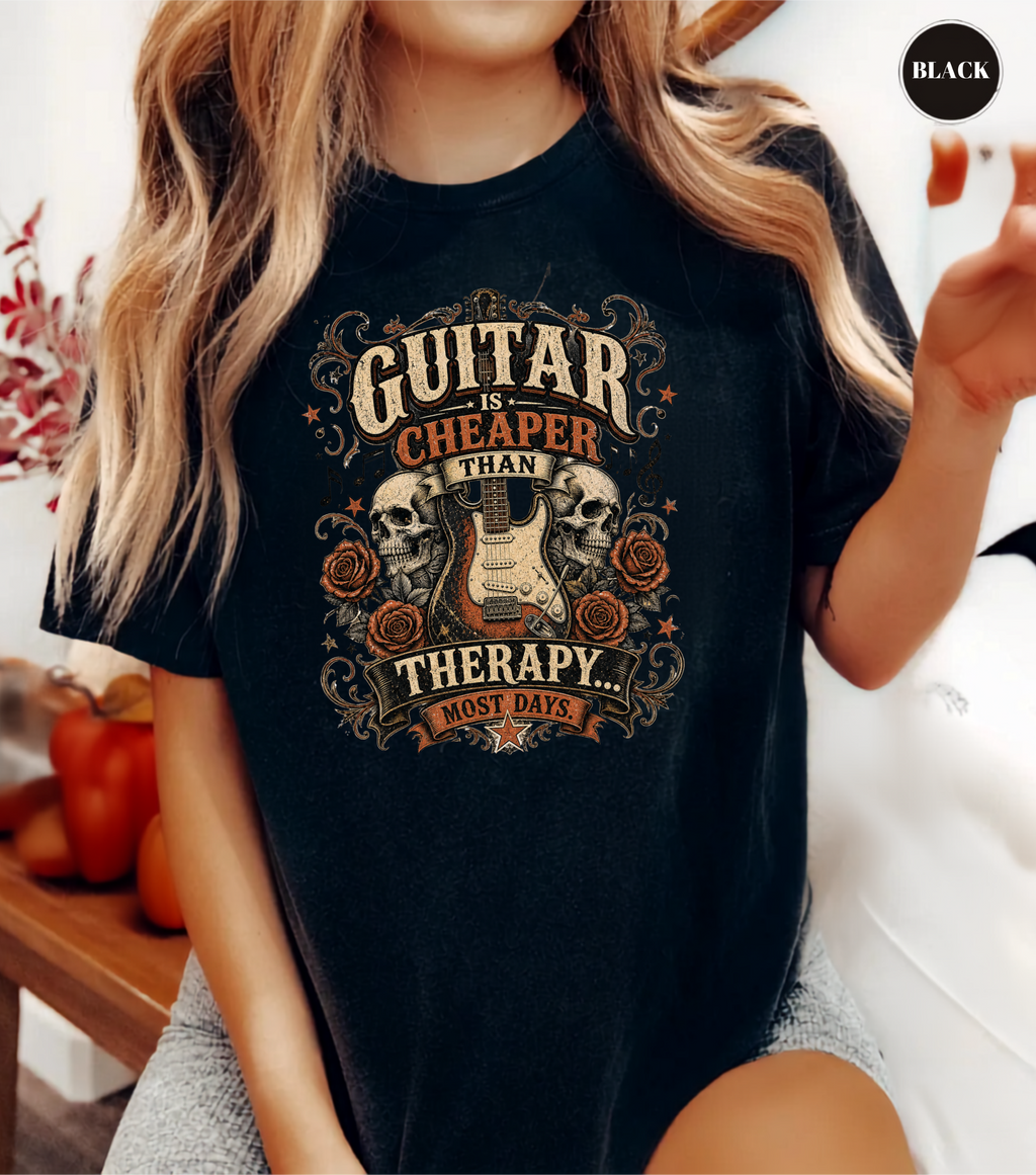 Guitar Is Cheaper Than Therapy Shirt | Funny Guitar Player T-Shirt | Vintage Guitar Tee | Rock Music Shirt | Guitarist Gift | Musician Graphic Tee