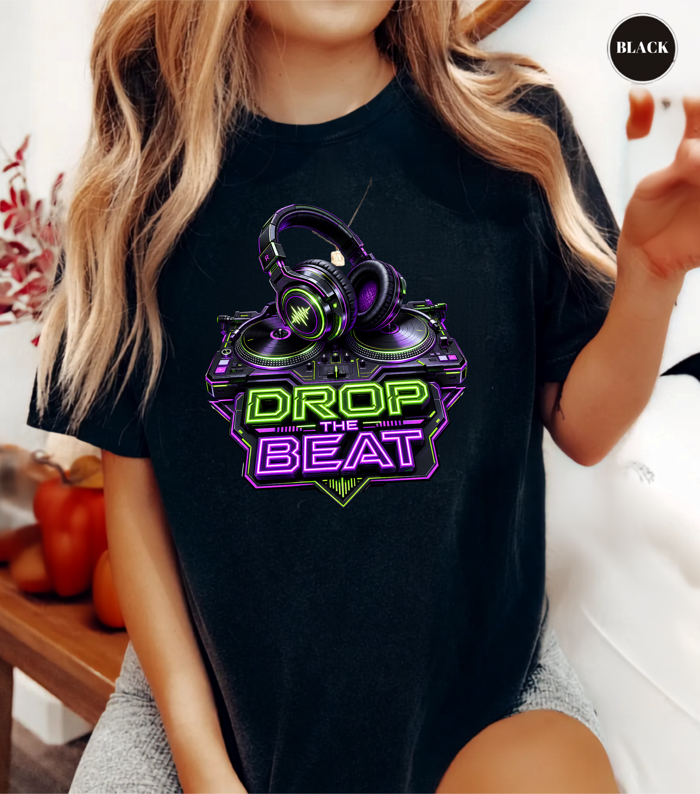 Drop the Beat DJ T-Shirt | Neon DJ Headphones & Turntable Graphic Tee for DJs, EDM & Electronic Music Lovers