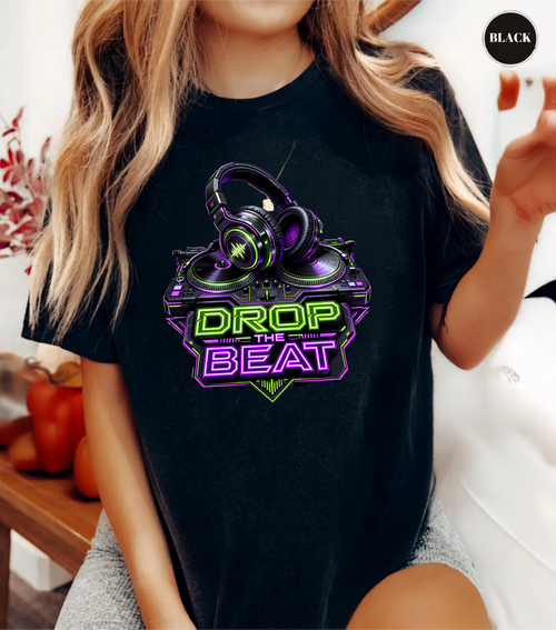 Drop the Beat DJ T-Shirt | Neon DJ Headphones & Turntable Graphic Tee for DJs, EDM & Electronic Music Lovers