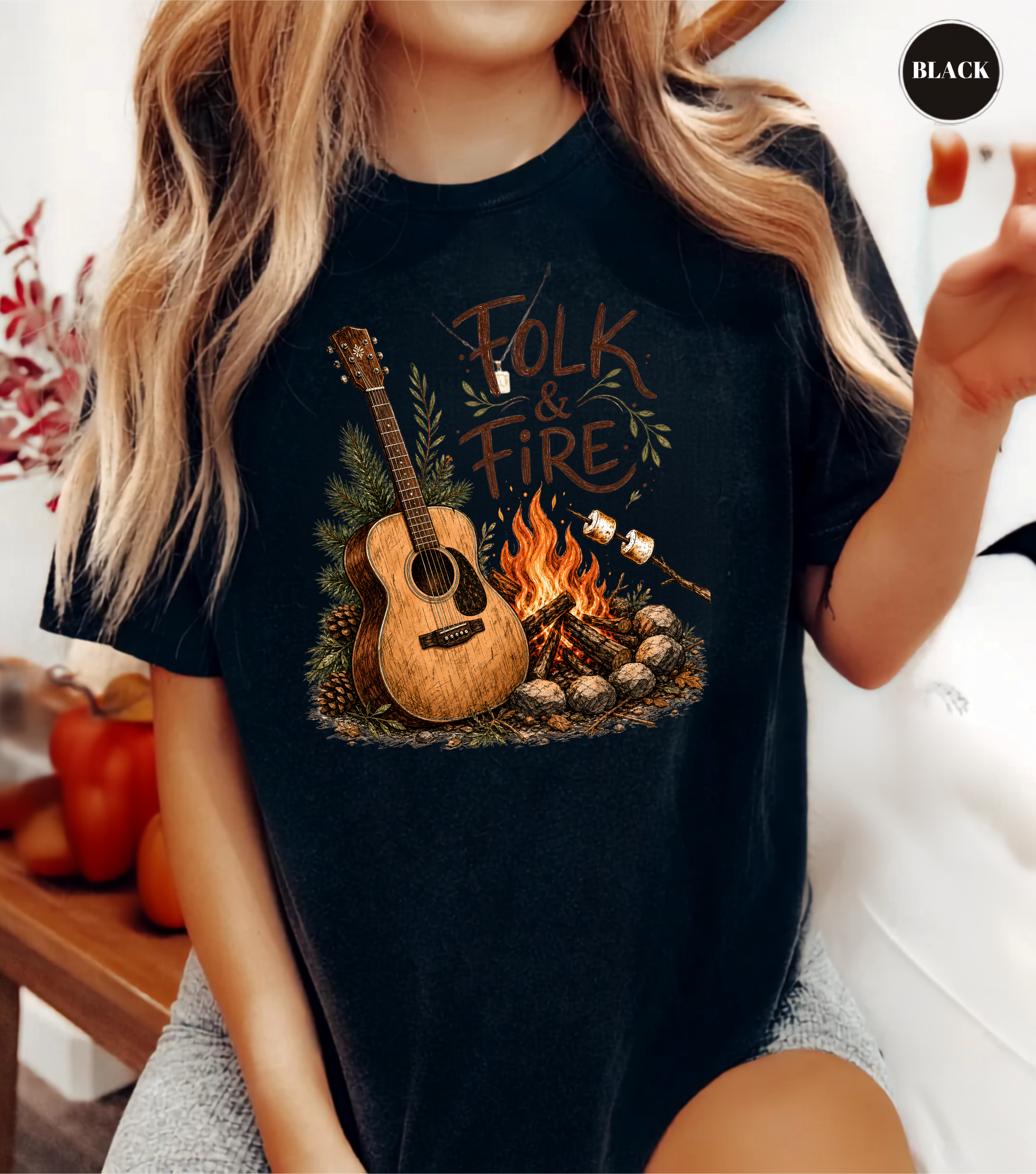 Folk & Fire Guitar T-Shirt | Campfire Acoustic Guitar Graphic Tee for Folk Music Lovers & Campers