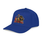 A royal blue baseball cap featuring a graphic on the front with a vinyl record, guitar, and the text 'BEST AND COOL' in red, displayed on a clean white background.