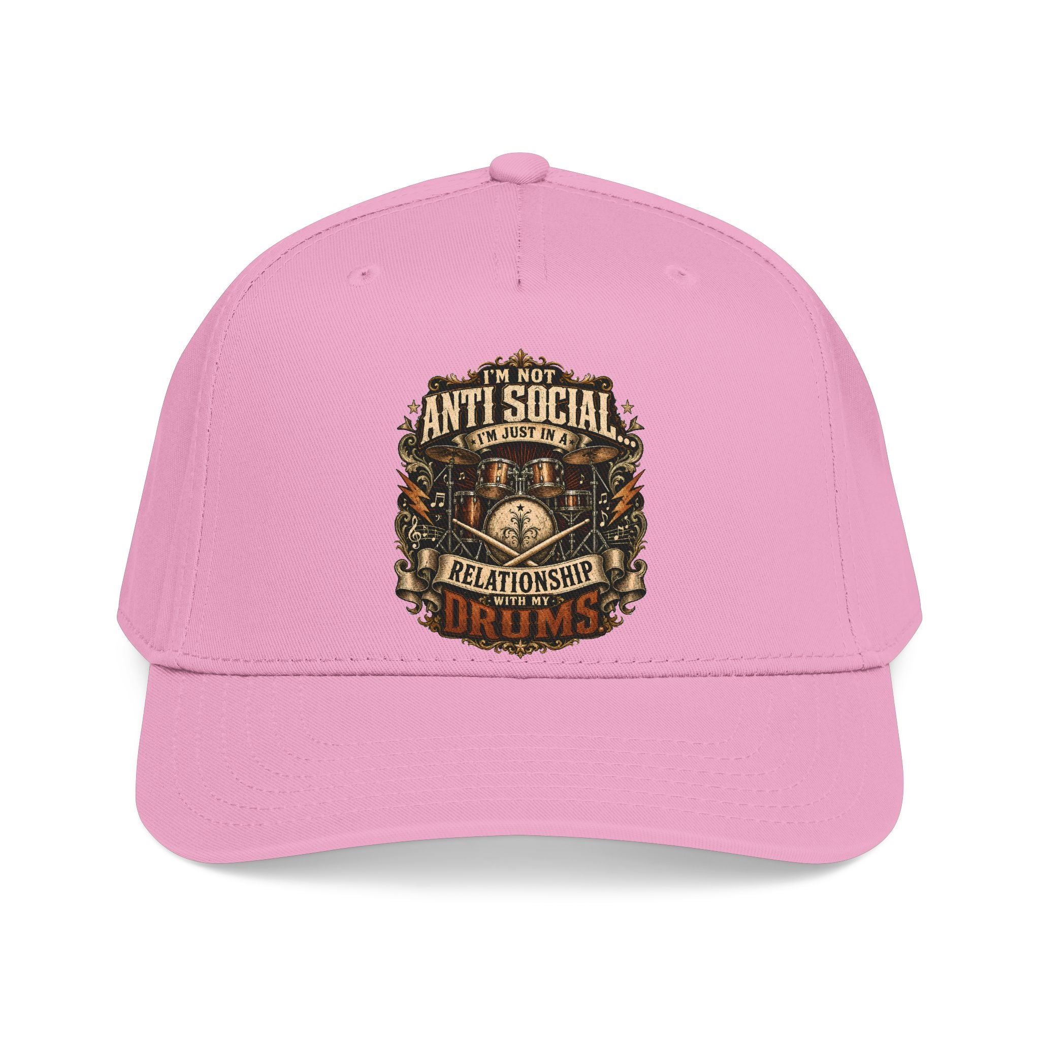 A pink baseball cap with a detailed graphic on the front that reads 'I'M NOT ANTI SOCIAL I'M JUST A DRUG FREE ZONE' in a vintage, ornate font with a skull and architectural illustration.