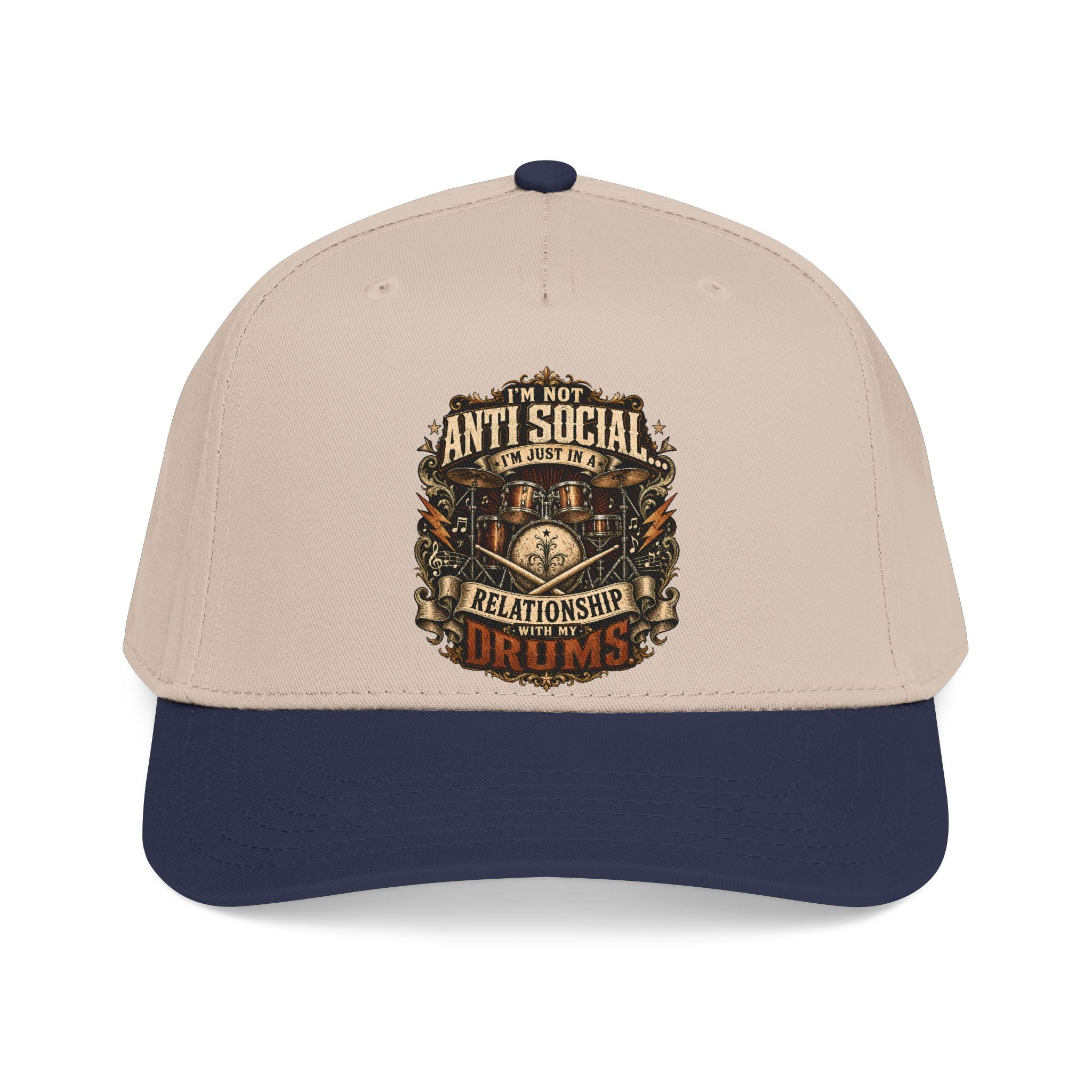 A structured baseball cap with a light beige crown and a dark forest green visor, featuring a detailed graphic on the front that reads 'I'M NOT ANTI SOCIAL I'M JUST DRUMS' in a vintage emblem style.