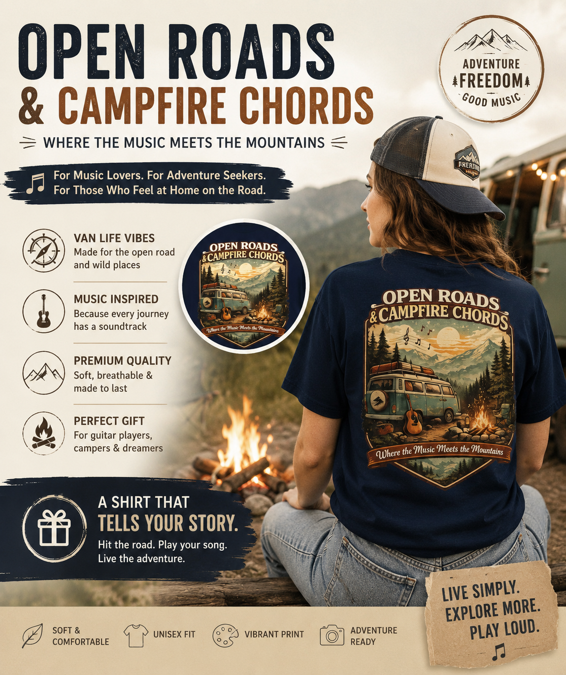 Road Trip T-Shirt — "Open Roads & Campfire Chords" Vintage Van Camping Tee