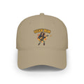 A beige baseball cap featuring a colorful graphic of a rock star playing an electric guitar under the text 'ROCKIN' MOM' in yellow and orange.