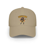 A beige baseball cap featuring a colorful graphic of a rock star playing an electric guitar under the text 'ROCKIN' MOM' in yellow and orange.