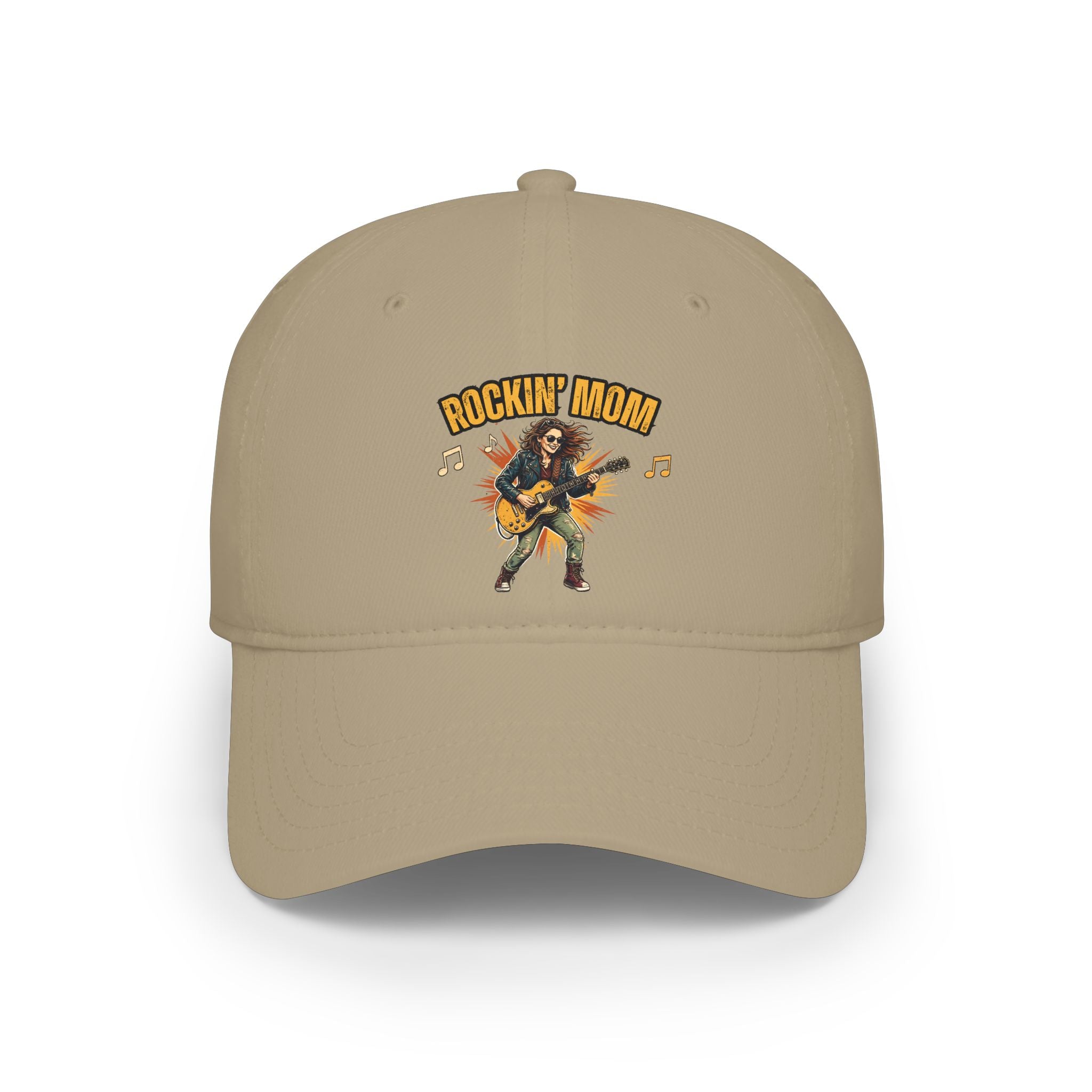 A beige baseball cap featuring a colorful graphic of a rock star playing an electric guitar under the text 'ROCKIN' MOM' in yellow and orange.