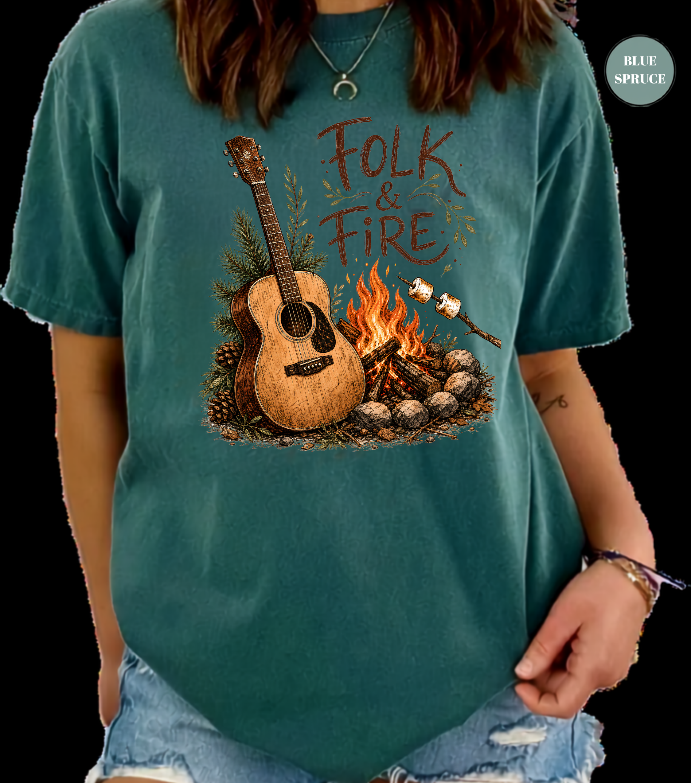 Folk & Fire Guitar T-Shirt | Campfire Acoustic Guitar Graphic Tee for Folk Music Lovers & Campers