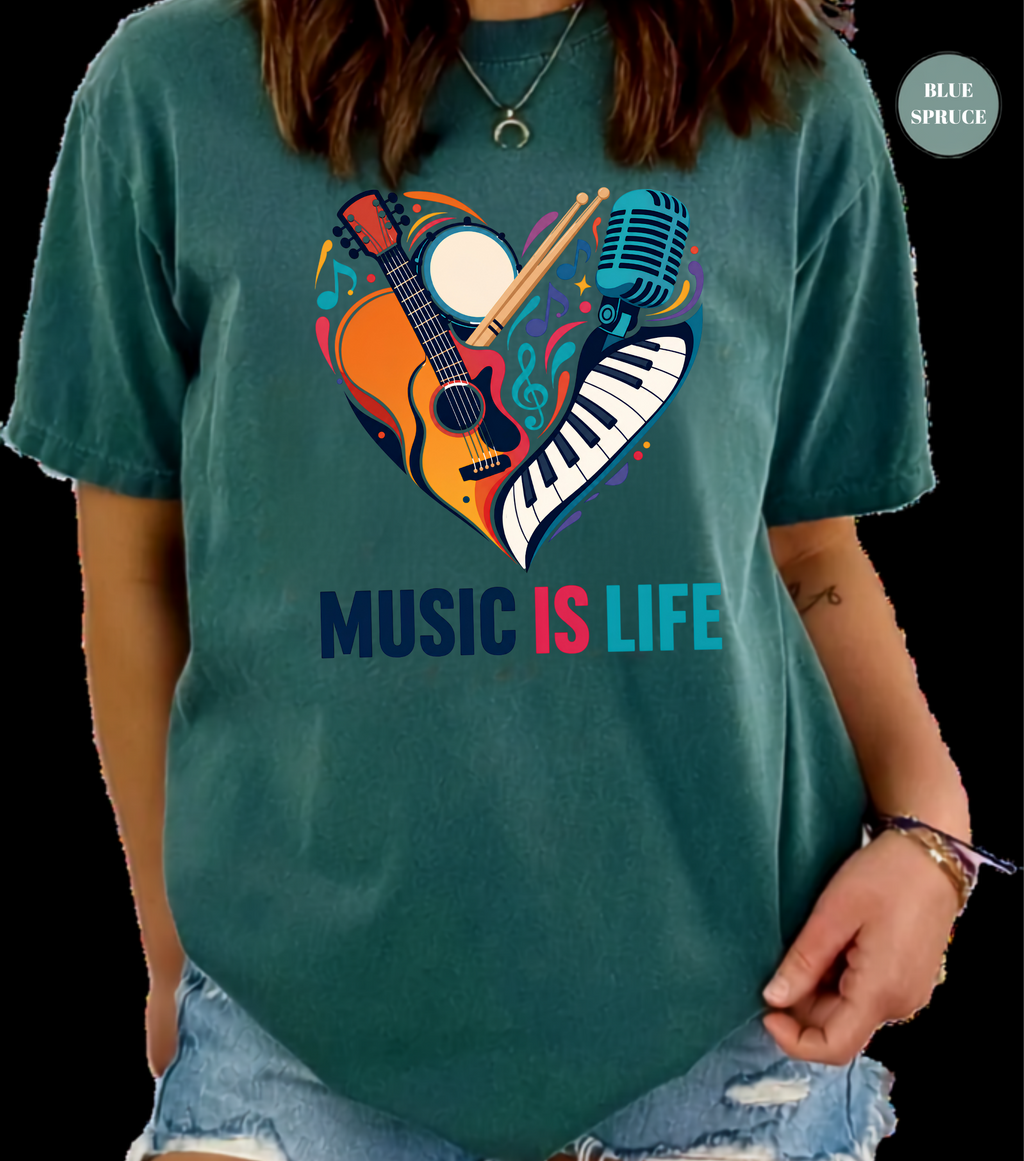 Music Is Life T-Shirt | Colorful Music Lover Graphic Tee with Guitar, Piano & Microphone