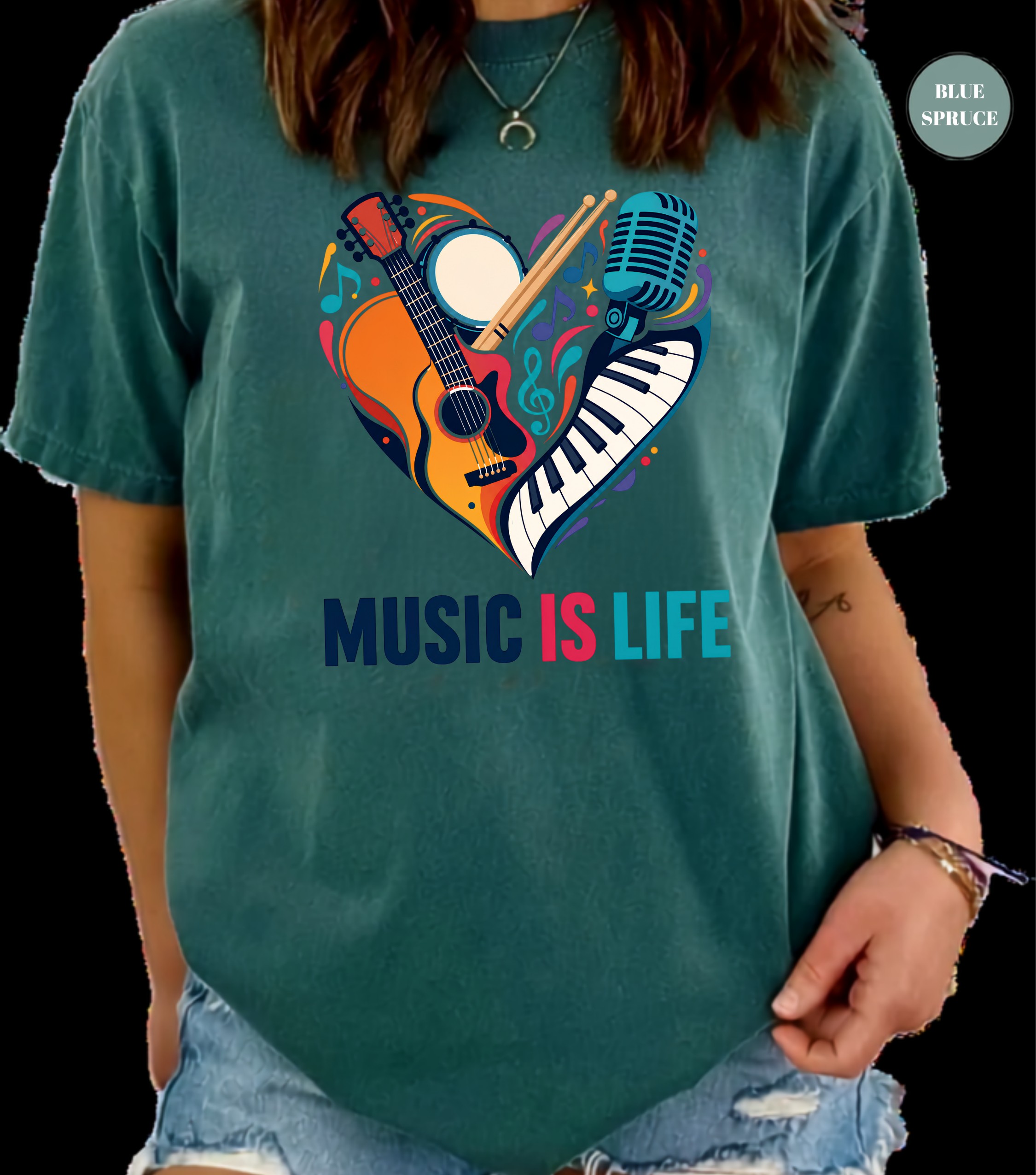 Music Is Life T-Shirt | Colorful Music Lover Graphic Tee with Guitar, Piano & Microphone