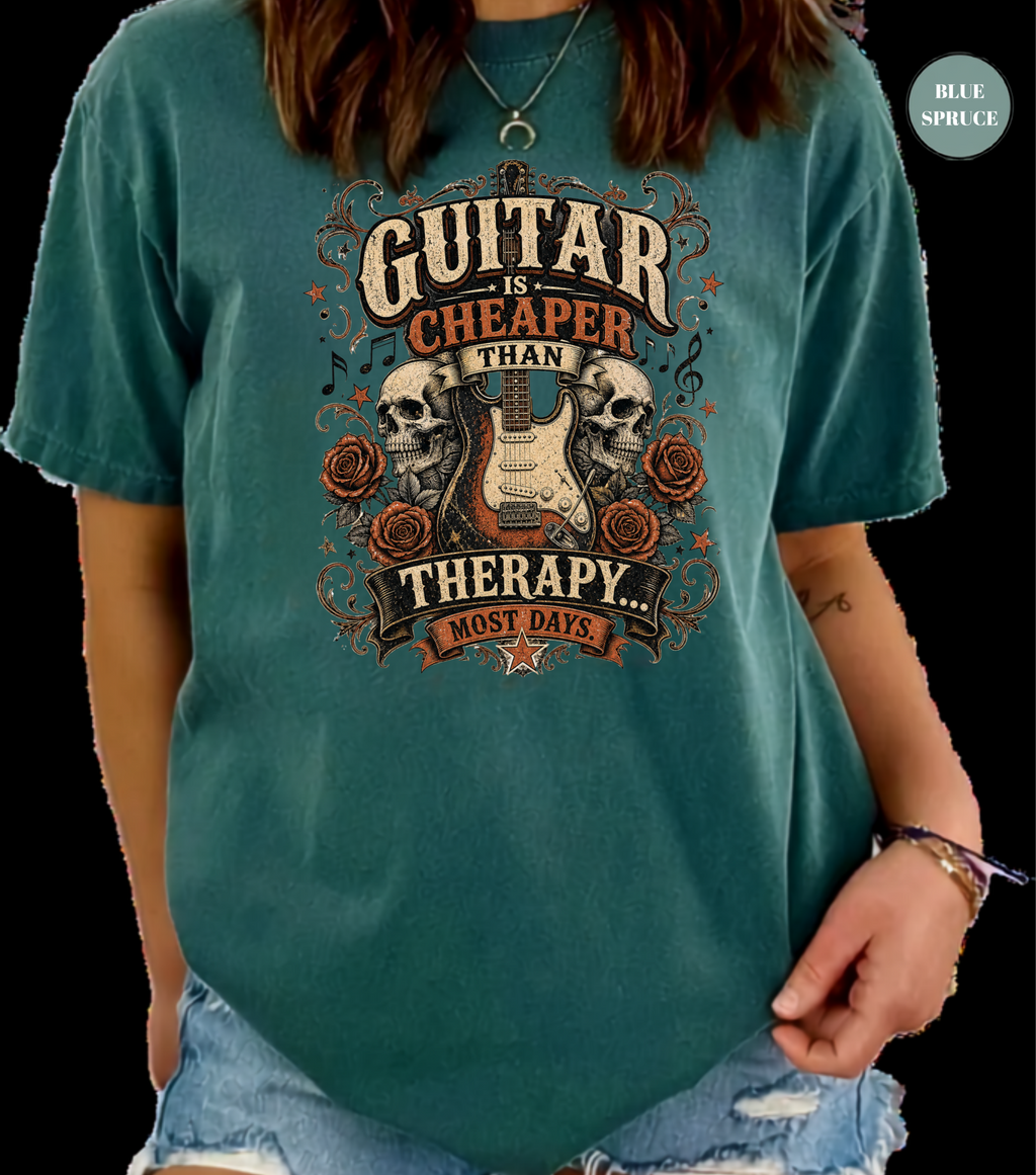 Guitar Is Cheaper Than Therapy Shirt | Funny Guitar Player T-Shirt | Vintage Guitar Tee | Rock Music Shirt | Guitarist Gift | Musician Graphic Tee