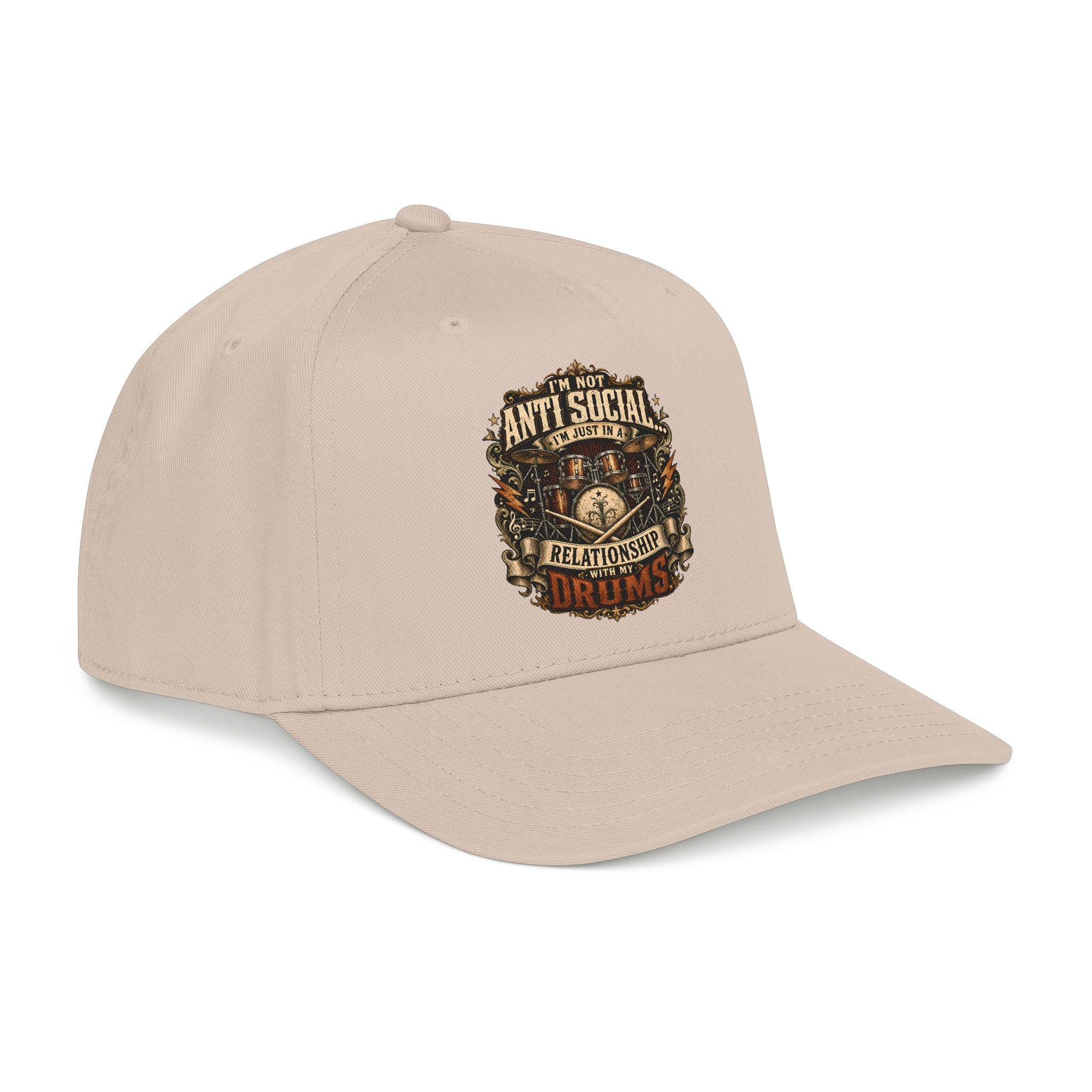 A light beige baseball cap with a graphic on the front that reads 'ANTI SOCIAL DRINKS' in a vintage badge design, shown on a plain white background.