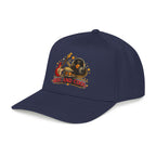 A navy blue baseball cap with a graphic on the front featuring a vinyl record, guitar, and the text 'BEST AND COOL' in red and yellow.