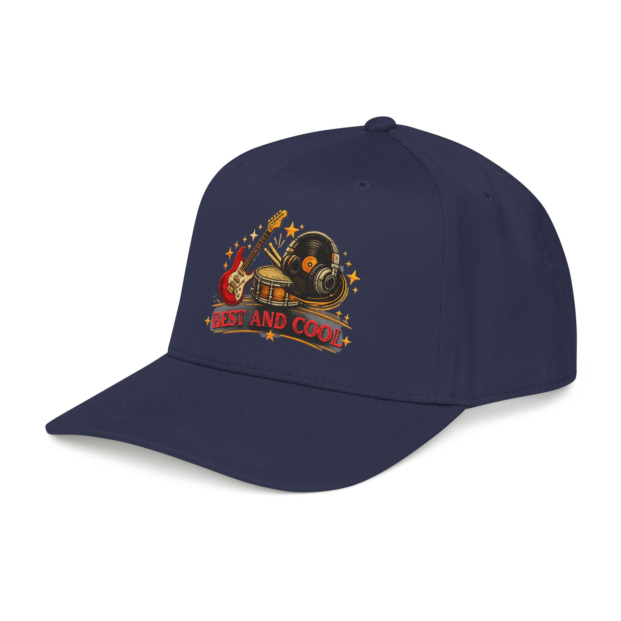 A navy blue baseball cap with a graphic on the front featuring a vinyl record, guitar, and the text 'BEST AND COOL' in red and yellow.