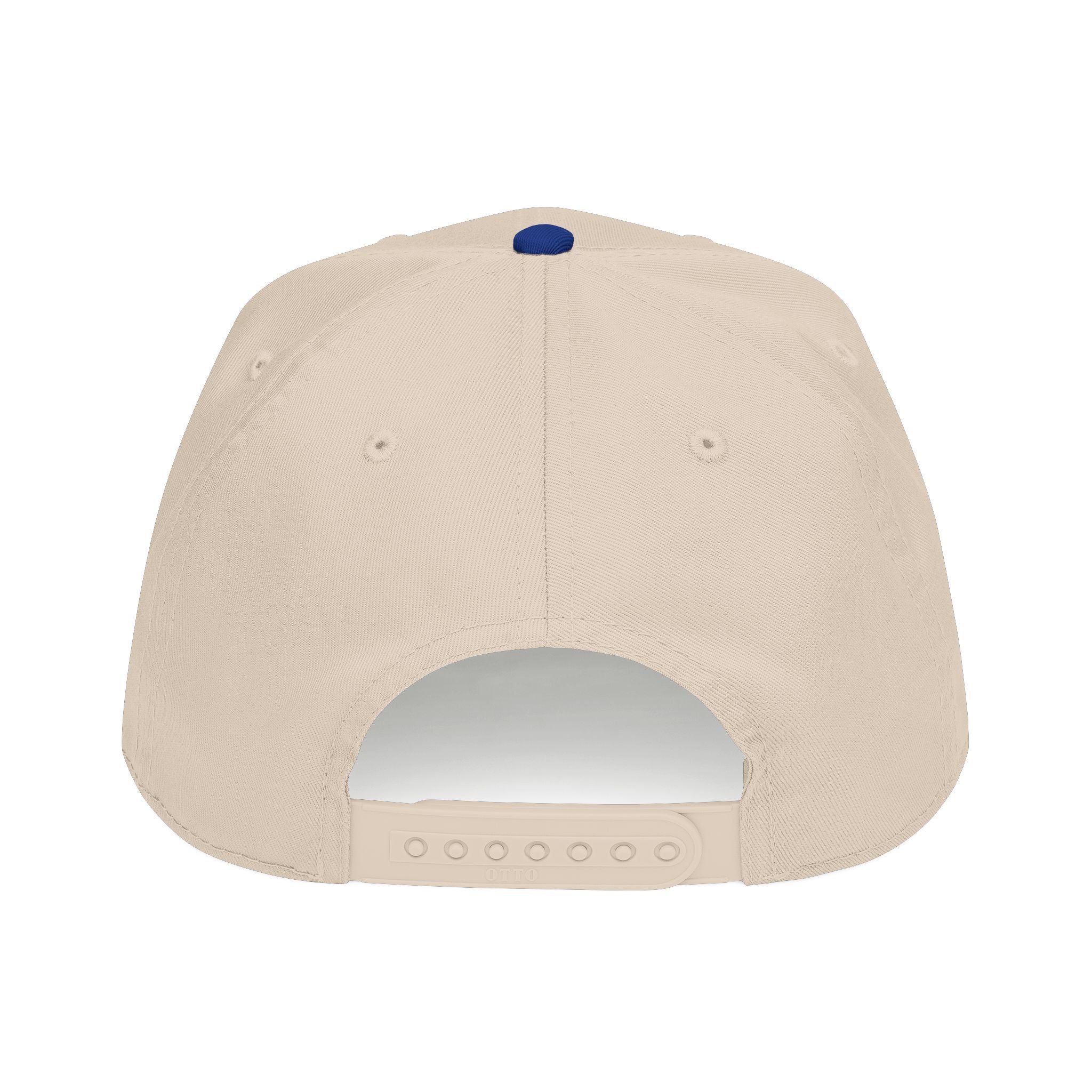 The back view of a beige snapback cap with a dark green button on top, shown against a plain white background.