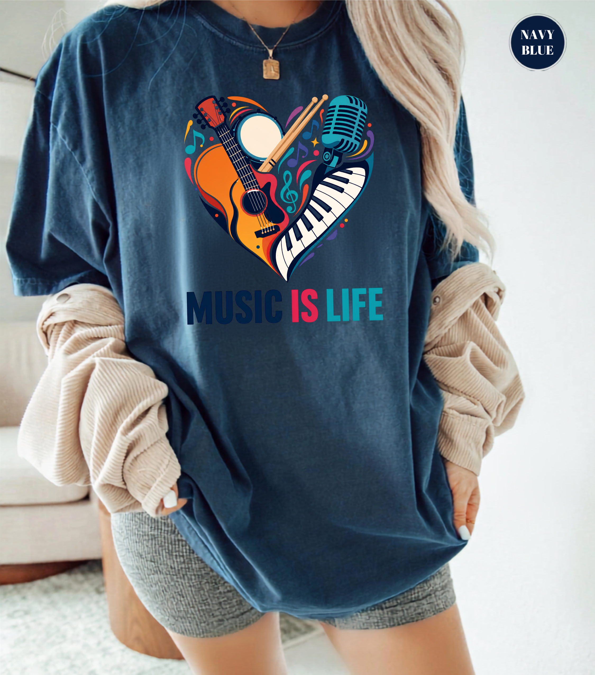 Music Is Life T-Shirt | Colorful Music Lover Graphic Tee with Guitar, Piano & Microphone
