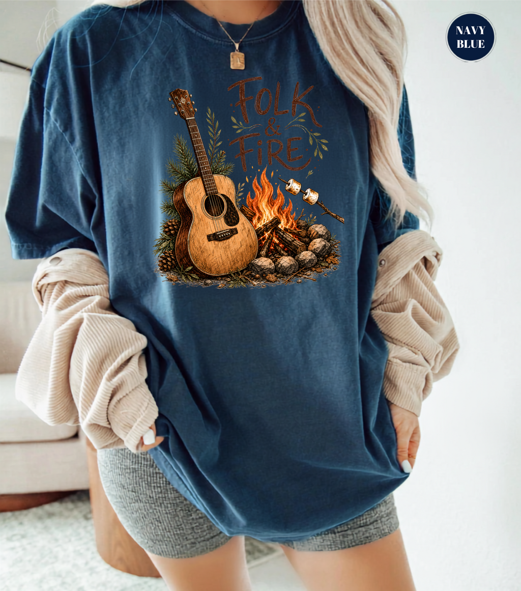 Folk & Fire Guitar T-Shirt | Campfire Acoustic Guitar Graphic Tee for Folk Music Lovers & Campers